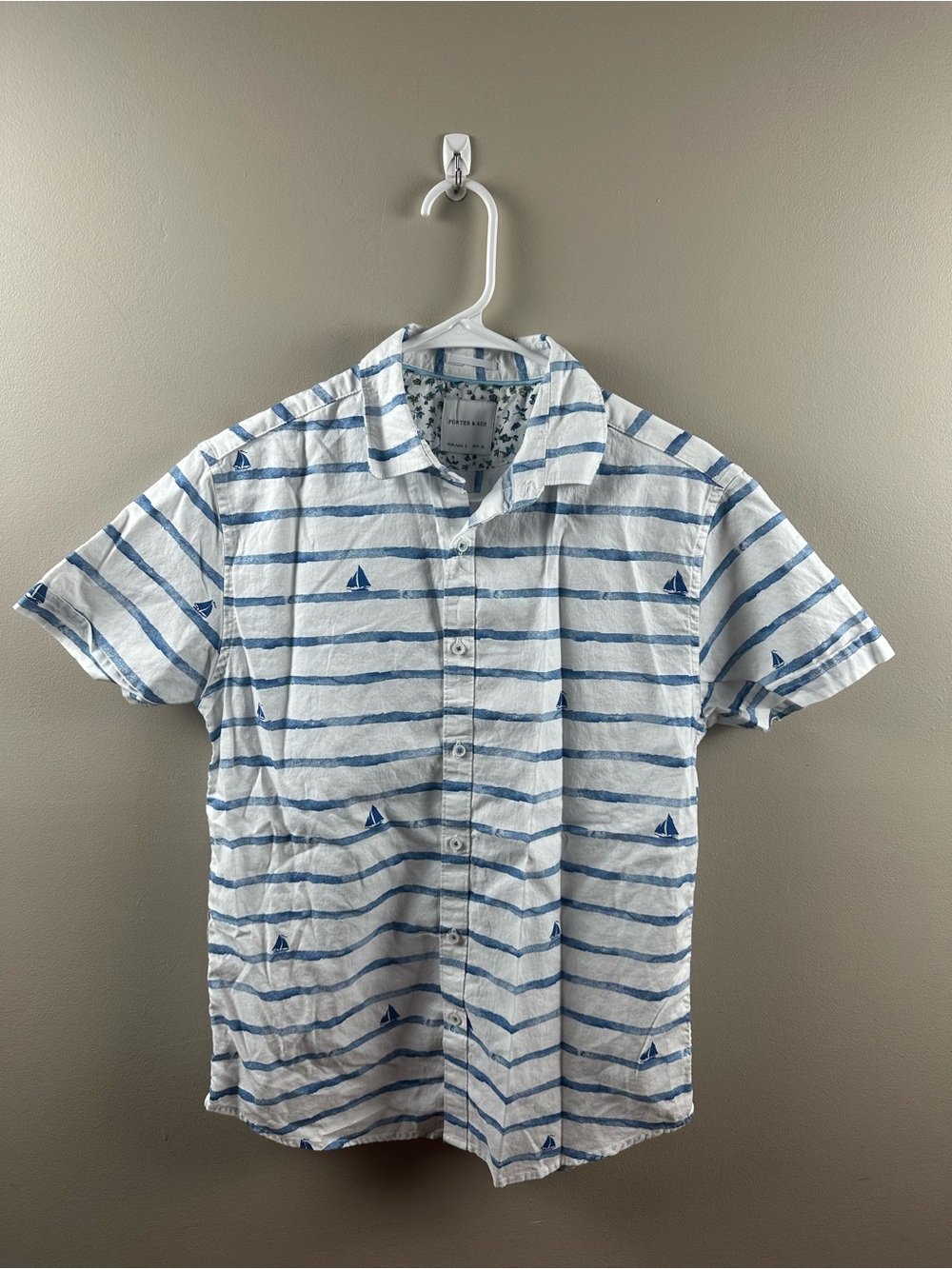 Casual Blue Striped Button-Down Shirt with Sailboat Print